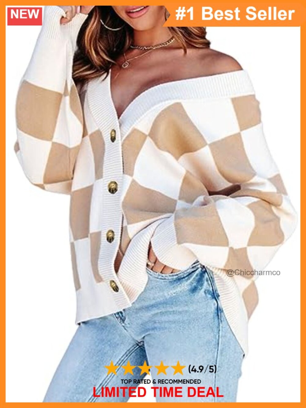 Cable Knit Plaid Button Down V Neck Long Sleeve Oversized Cardigan Sweater